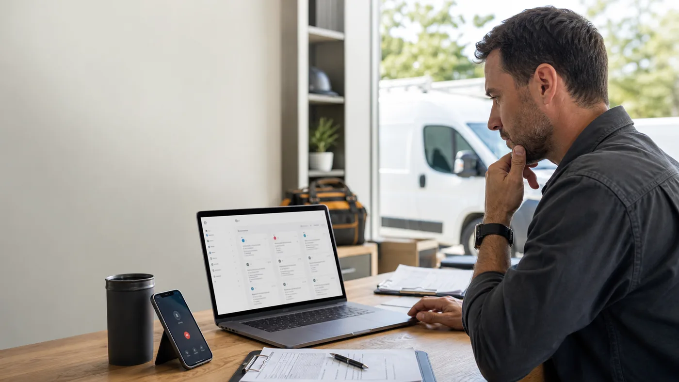 A service business owner reviewing a lead dashboard beside a phone with a missed call and a service van outside.